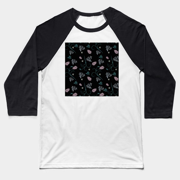 Black romantic floral pattern Baseball T-Shirt by CreaKat